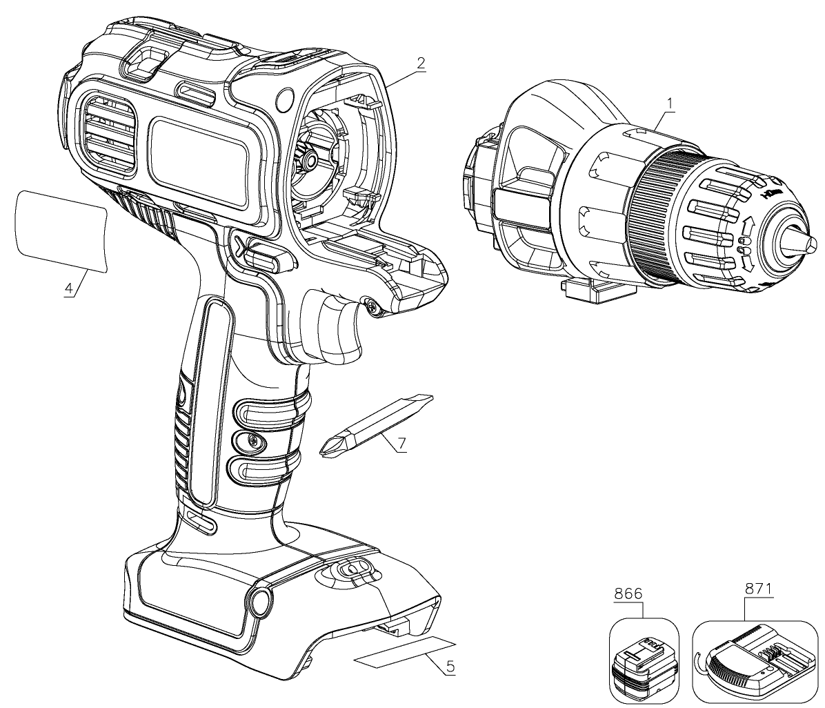 Default Diagram and Parts List for Type 1 Black and Decker Electric Drill